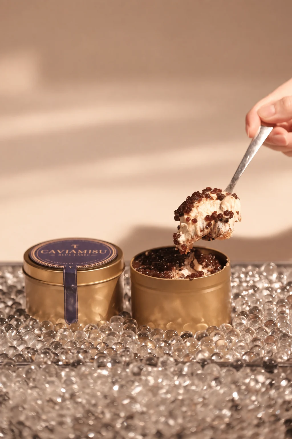 Caviamisu being served from its gold tin
